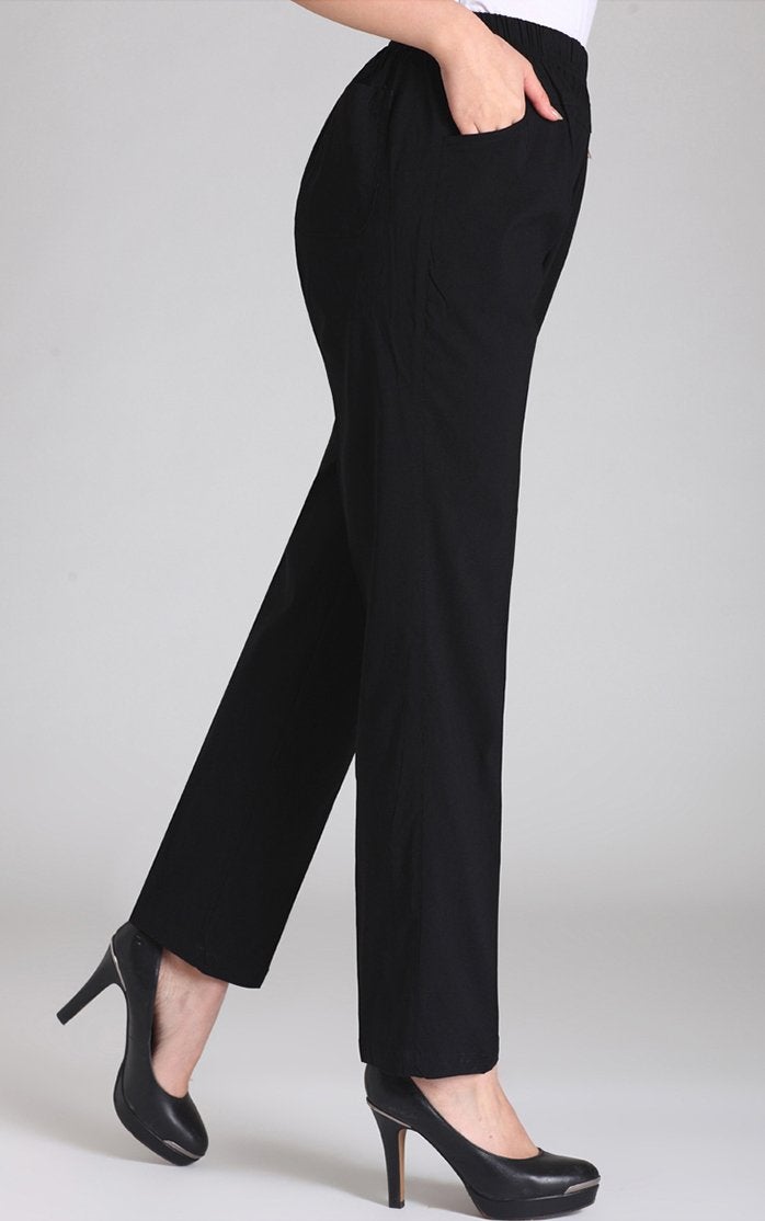Soojun Womens Summer Elastic Waist Comfy Stretch Pull On Pants, Black, Small - Image 1